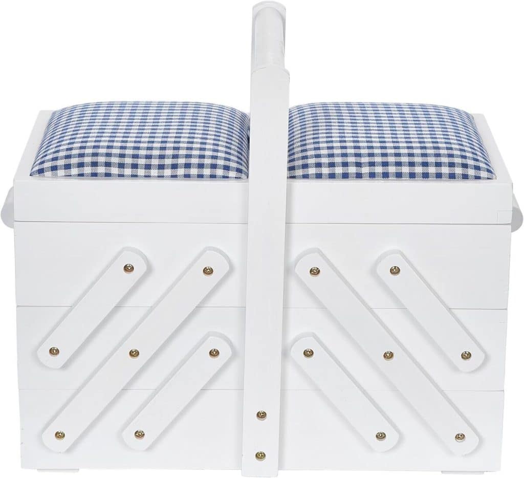 Test de la travailleuse Prym 612578 en bois blanc avec tissu