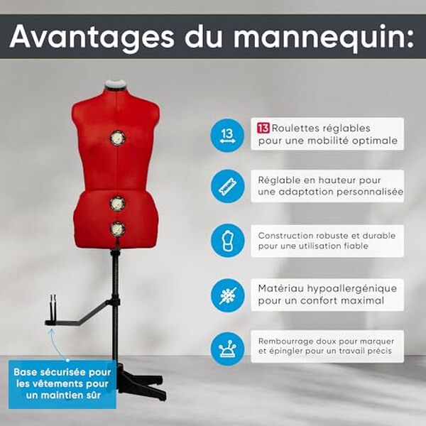 Découvrez le mannequin couture EFFEKTIV femme réglable en rouge, parfait pour vos créations de L à XXL. Qualité professionnelle et ajustabilité optimale pour les couturiers.