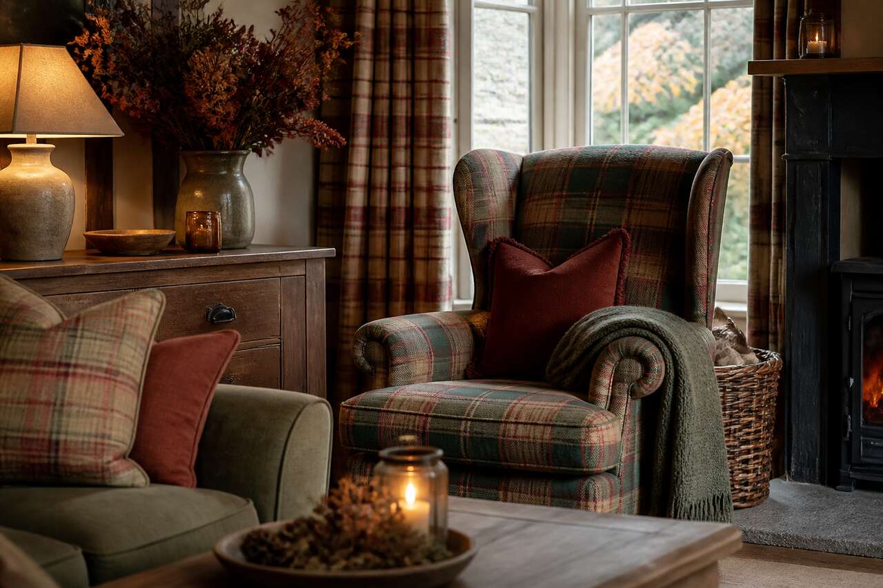 Tartan en d&eacute;co et ameublement : fauteuil, rideaux, coussins et ambiance