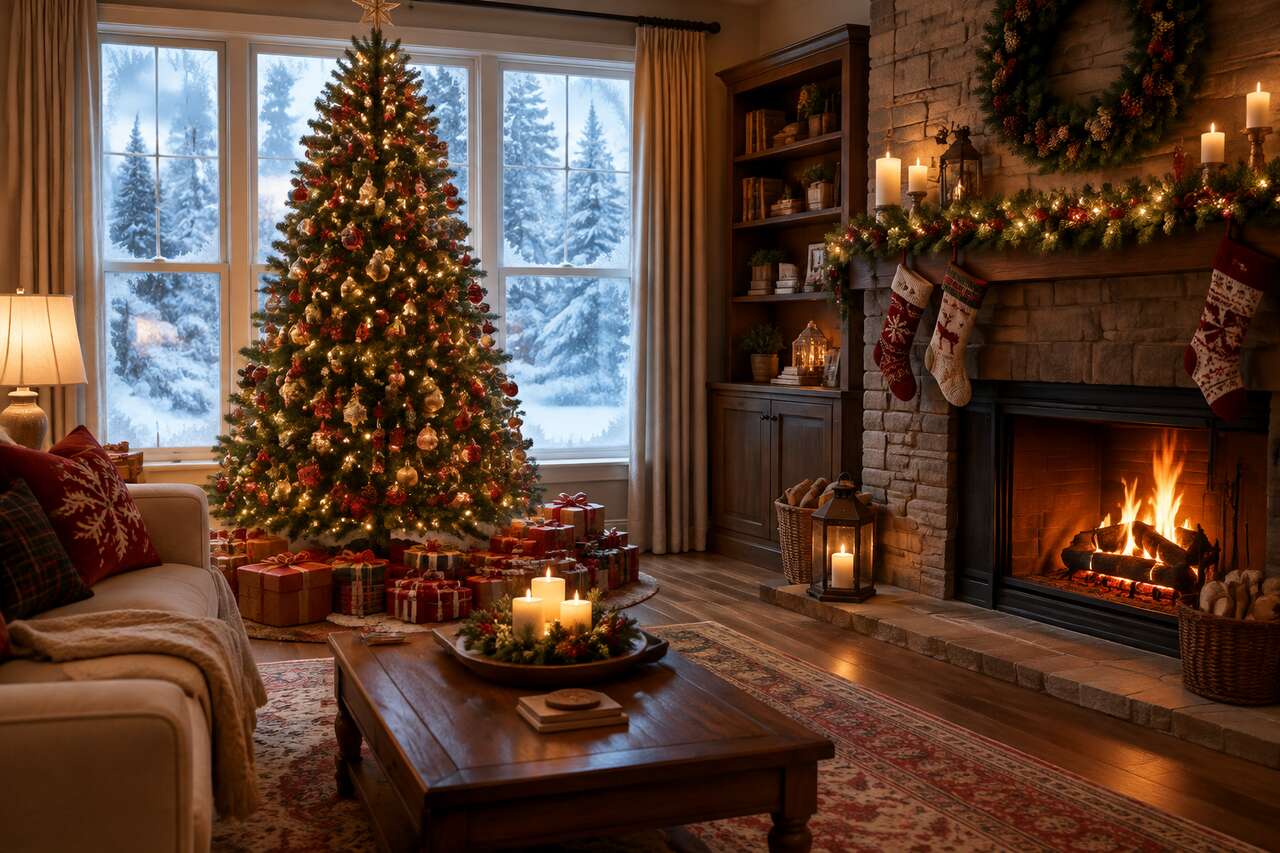 Sublimer le salon: sapin, cheminée, fenêtres Sublimer le salon: sapin, cheminée, fenêtres