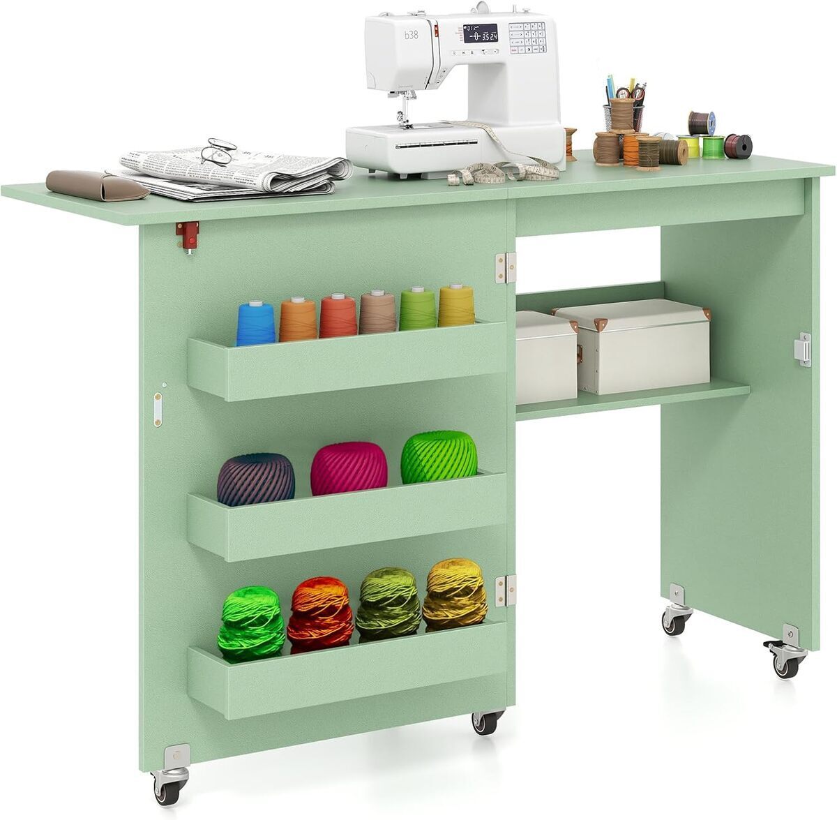 Test de la table de couture pliante Costway avec étagères et bacs cachés